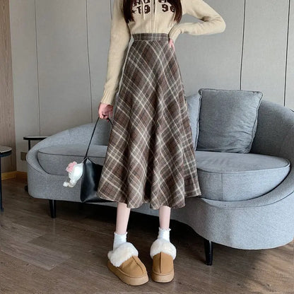 Coffee Wool Plaid Skirt for Women with High Waist Slim Skirt for A-line Midi-length Umbrella Skirt