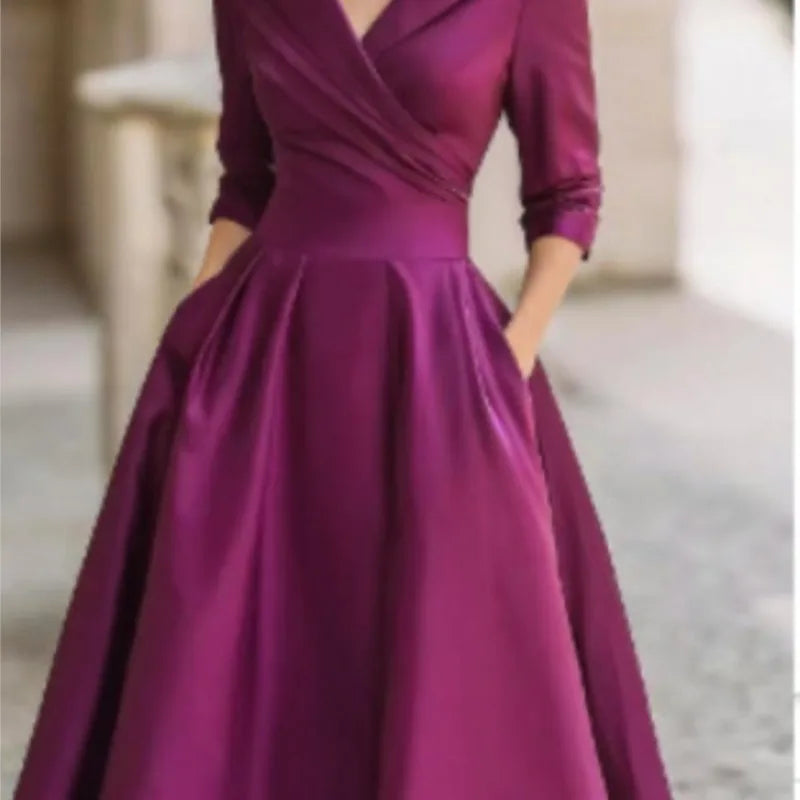 Elegant Solid Color Waist Cinching Sexy V-neck Dress Autumn Winter Women's Clothing New Long Sleeved Dress Pockets Ropa Mujer