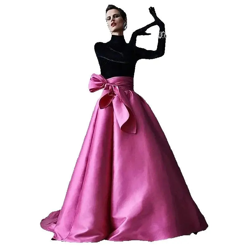 High Quality Puffy Satin Maxi Skirt with Bow Women Floor Length Long Formal Skirt Fuchsia Silk Taffeta Evening Party Skirts