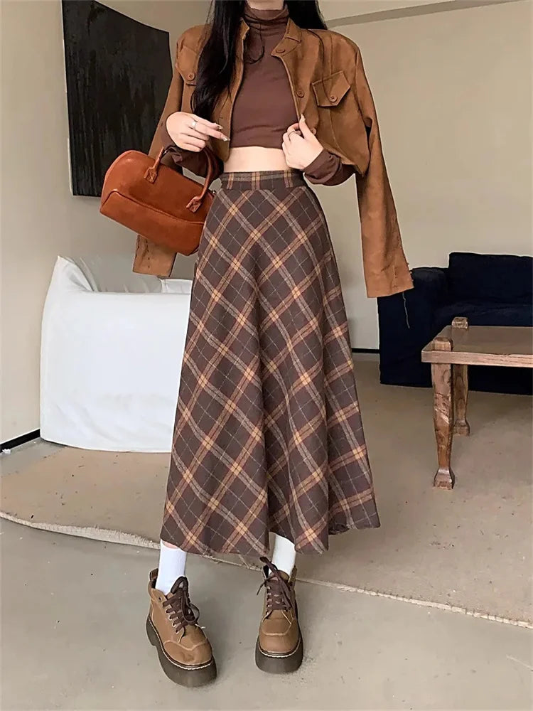 Tweed plaid high waist half-body skirt female fall and winter new retro loose big yards leisure long A-line half-body skirt
