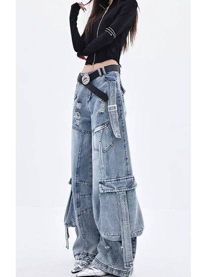American Deconstructed Sa Multi-ket Workwear Jeans Women Loose Wide Leg Pants High Waist Long Trousers Blue Casual