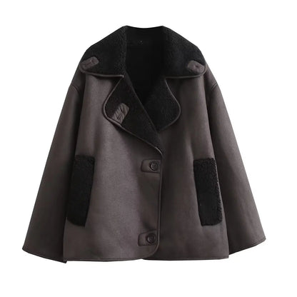 HH Winter Vintage Leather Fur Thick Warm Jackets For Women Long Sleeves Single Breasted Lapel Pockets Street Fashion Coats