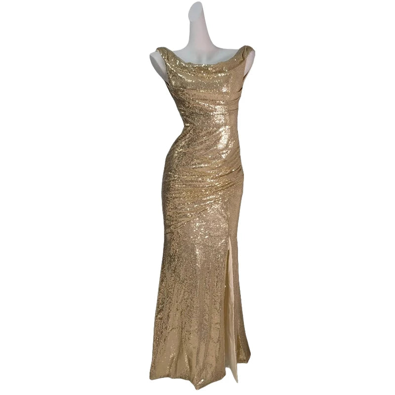 REDDACHiC Elegant Cowl Neck Women Glitter Dress Gold Sequin Maxi Long Backless Split Mermaid Bodycon Cocktail Party Evening Gown