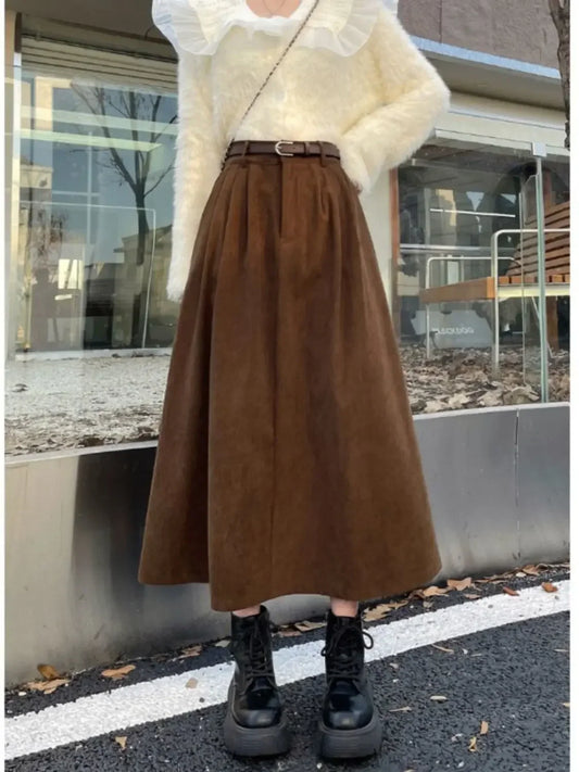 Retro Corduroy Skirt Elegant Women's Korean Fashion High-waisted Long Skirts A-line Midi Clothes Vintage Style Gift Belt Street