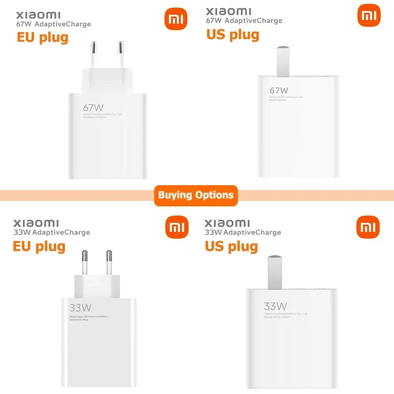 Xiaomi 67W Charger Original Fast Charging Cargador USB Cable EU/US Wall Adapter Mi 14 13 12 Redmi Note 13 12 Pro Turbo Poco F5