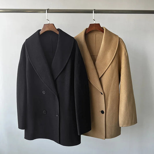 Naizaiga 90% WOOL 10% CASHMERE  Loose double-breasted tweed coat fall  winter classic wool blend black Women coat jacket  MPH1
