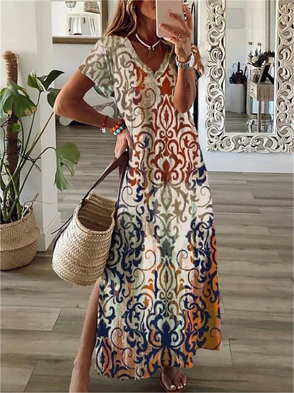 Simple Fashion Women's V-neck Dress Striped Print Women's Dress Summer Loose Comfortable Slit Women's Short-sleeved Dress