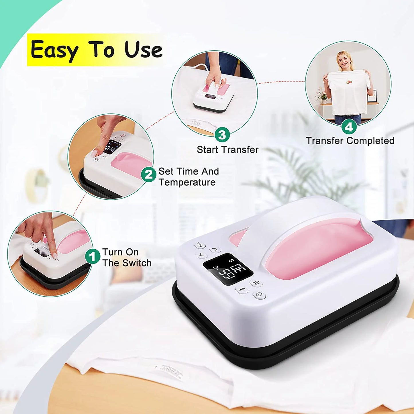 1PCS Heat Press Machine for T Shirts 7‘’x5'' Portable T Shirt Press Machine Fast Heat-up Iron Press Heat Transfer Machine(Pink)