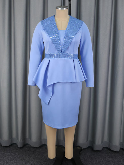 Elegant Women Bodycon Dresses Turn Down Collar Patchwork Sequin Long Sleeve High Waist Peplum Office Ladies Church Party Gowns
