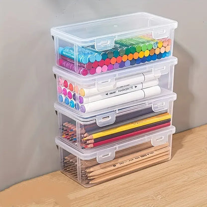 4 large transparent PP storage boxes with lids, used for storing office supplies, pencils, and crafts