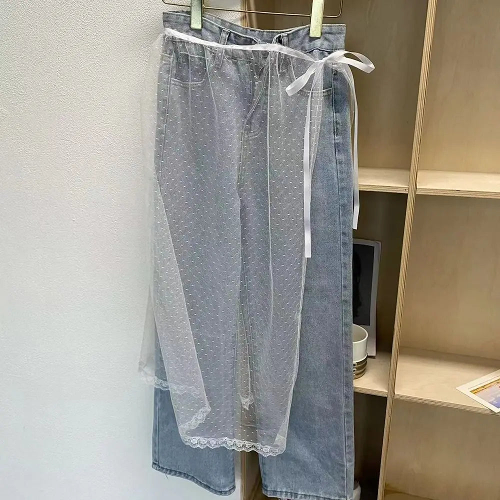 Korean Fashion Floral Skirt Spring Summer Korean Version Unique Lace Layered Gauze Skirt with Tie Up Spicy Girl Apron Streetwear