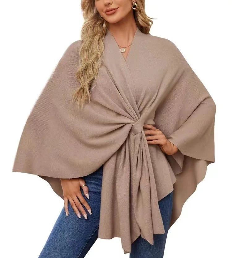 Women's Trendy Autumn And Winter Loose V-Neck Shawl Cape Elegant Shawl Wraps Casual Solid Color Soft Open Front Poncho bat shirt