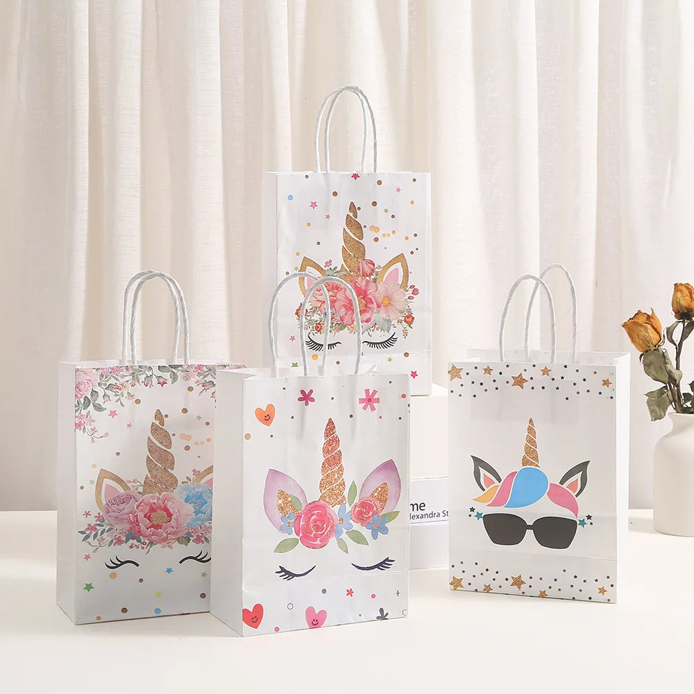 12Pcs Cartoon Unicorn Theme Paper Gift Packaging Bag with Handle Shopping Tote Bag  for Kids Birthday Baby Shower Party Decor