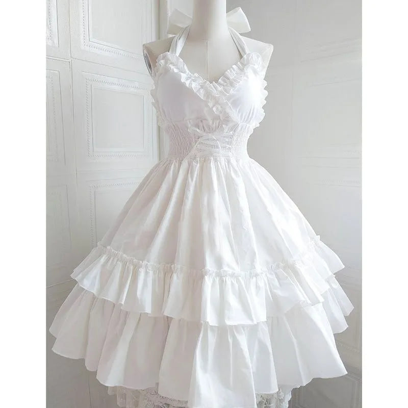 Summer Japanese Style Kawaii Lolita Dress Women Vintage Sweet Lace Bow Ruffles Cake Dresses Harajuku Y2k Slim Bandage Dress