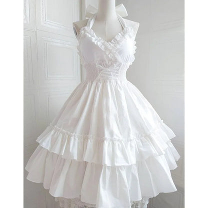 Summer Japanese Style Kawaii Lolita Dress Women Vintage Sweet Lace Bow Ruffles Cake Dresses Harajuku Y2k Slim Bandage Dress