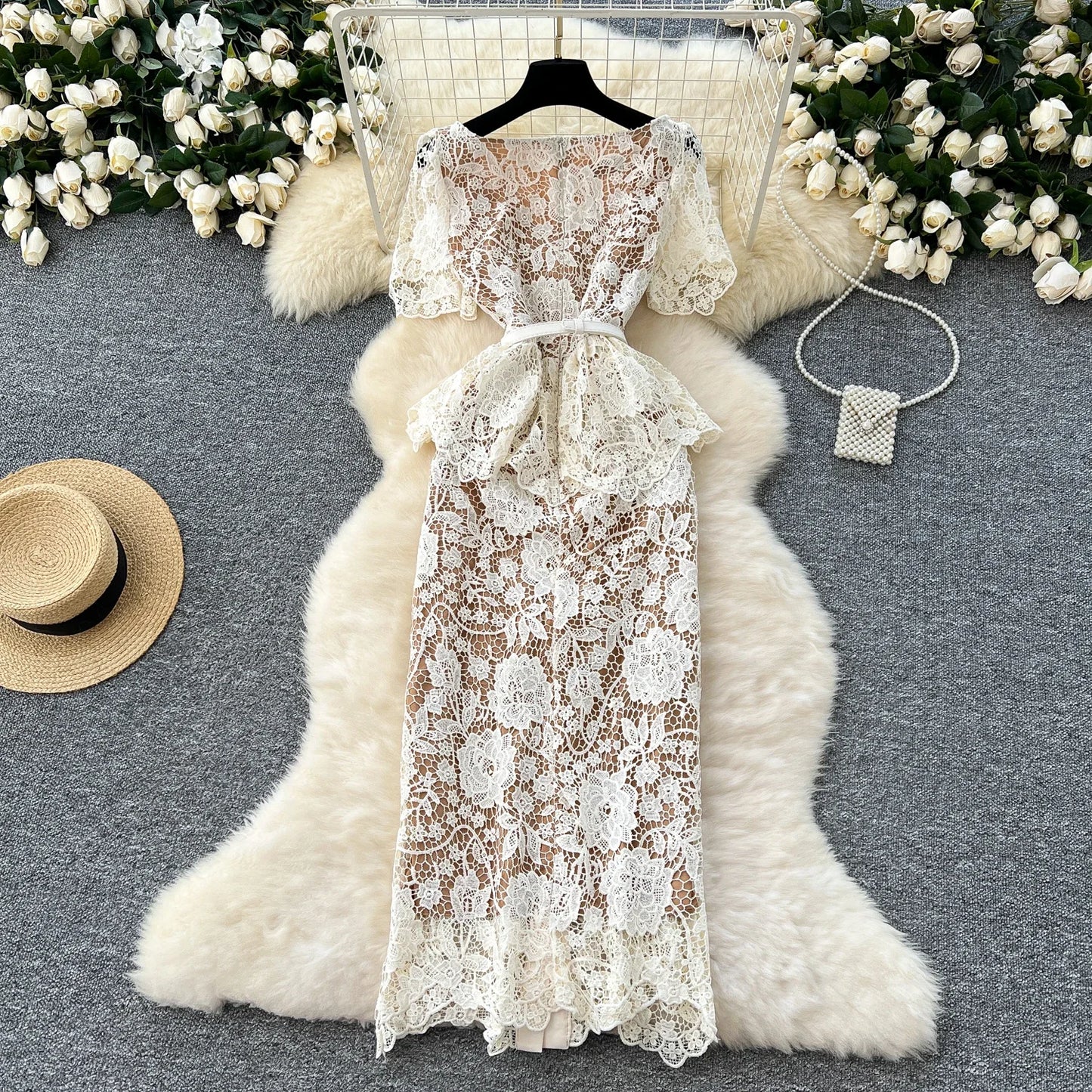 Women V-neck Vintage Short Sleeve Elegant Hook Flower Hollow Lace Chic Rhinestone Slim Dress French Evening High Street Clothing