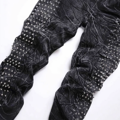 2025 new retro punk high street trendy rivet design black slim fit buckle men's jeans fashion classic denim pants