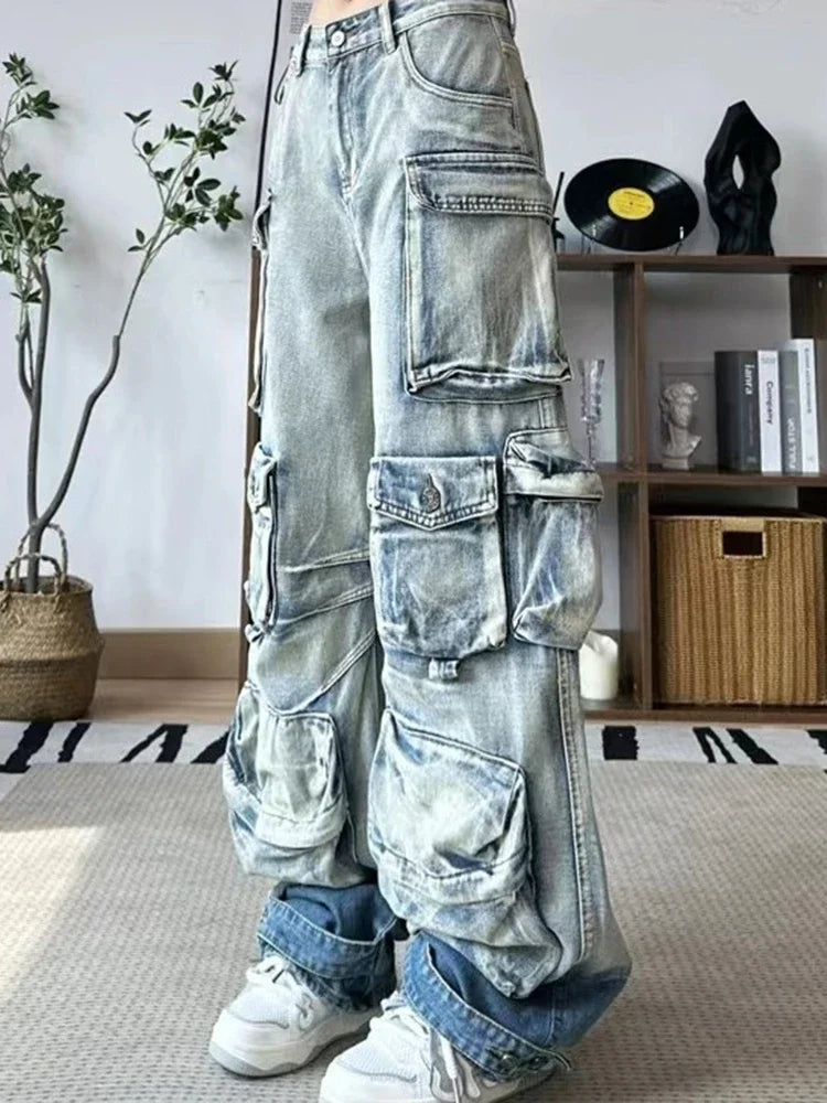 Vintage Fashion Women's Gradient Multi Pockets Jeans 2024 Winter New High Waist Buttons Cargo Denim Pants Female
