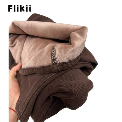 Women Casual Retro Wide Leg Fleece Thicken Denim Trouser Harajuku Loose Jeans 2025 Winter Solid High Waist Y2K 2000s Brown Pants