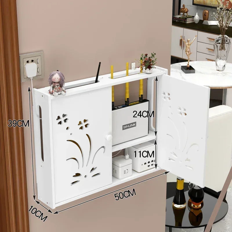 Large Wireless Wifi Router Shelf Storage Boxes Cable Power Plus Wire Bracket Wood-Plastic Wall Hanging Plug Board DIY Home Decor