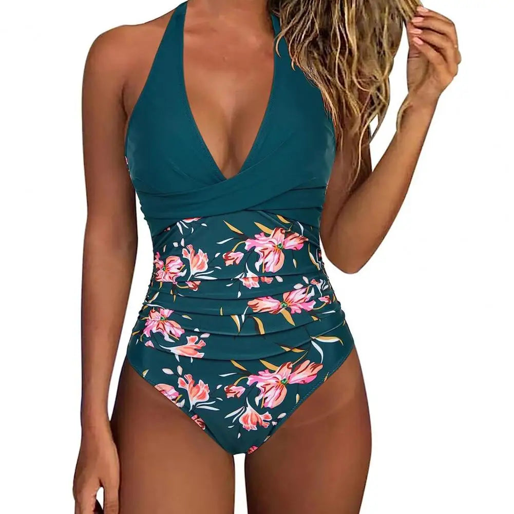 Women Monokini Sleeveless One-piece Swimsuit Patchwork Color Backless Tummy Control High Waisted Bathing Suit Lady Beachwear