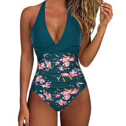Women Monokini Sleeveless One-piece Swimsuit Patchwork Color Backless Tummy Control High Waisted Bathing Suit Lady Beachwear