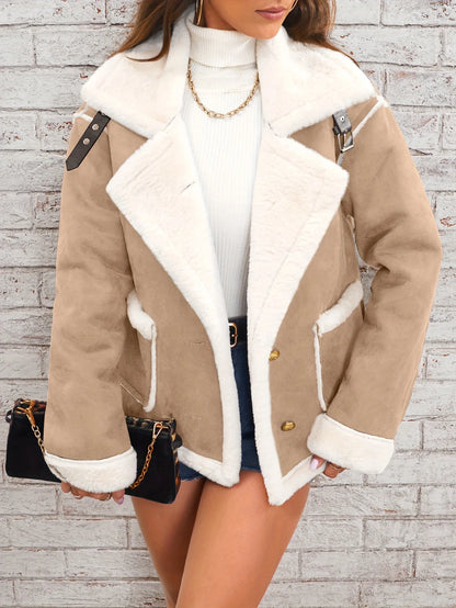 Women Shearling Jacket Casual Short Coat Y2k Turn Down Collar Long Coats Single Breasted Loose Street Wear Thick 2025 Winter