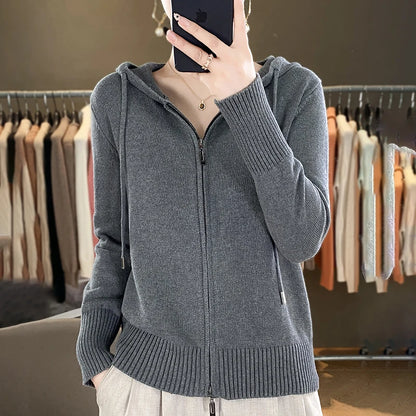 Classic hoodie Women Knitwear 100% All cotton Cardigan Fashion Sweater Long sleeves Double Zipper Style Thick Warm Basics Tops