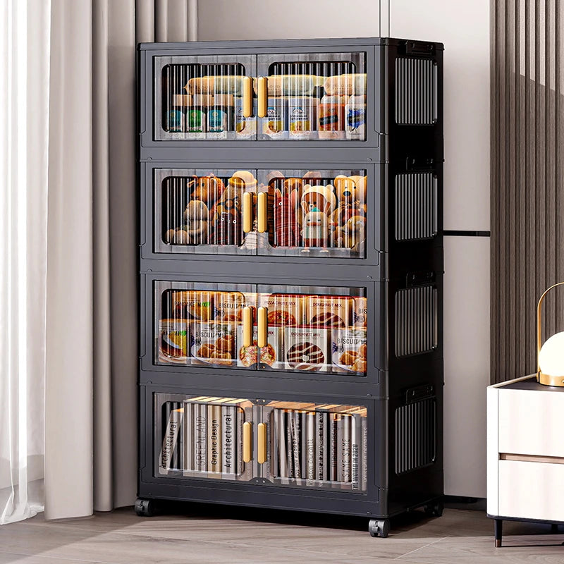 Foldable Clear Double-Door Storage Cabinet Large Space-Saving Mobile Organizer Dustproof Moisture-Proof for Kitchen Living Room