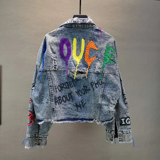 Women Diamonds Beaded Letters Graffiti Denim Coat Holes Rivets Tassels Jeans Bomber Jacket Casual Eyelet Cowboy Cardigan Jaqueta