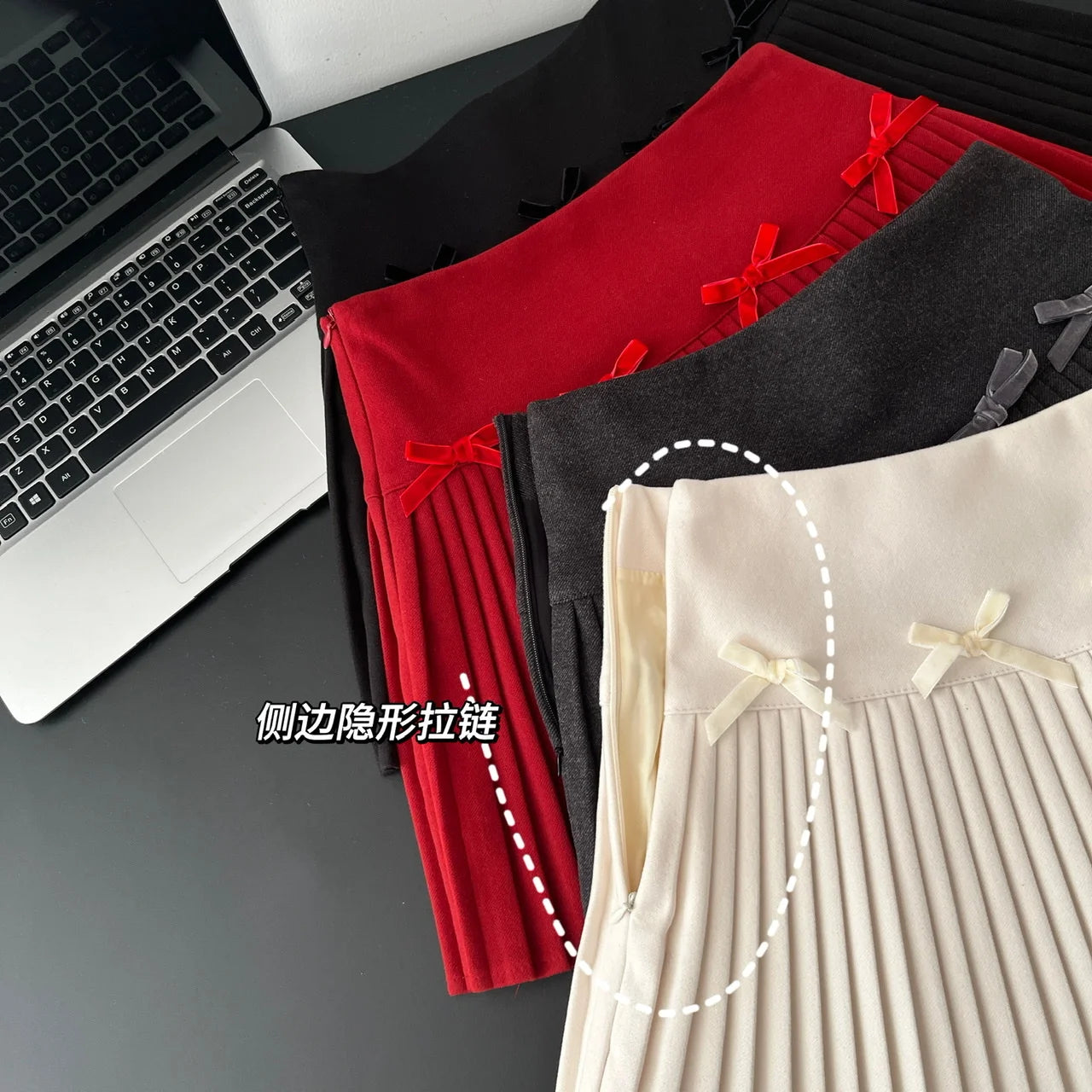 Women's Autumn/Winter Velvet Bow Solid Color Mini Short Skirt High Waist Sweet All match Elegant A-line Pleated Skirt 2024 New
