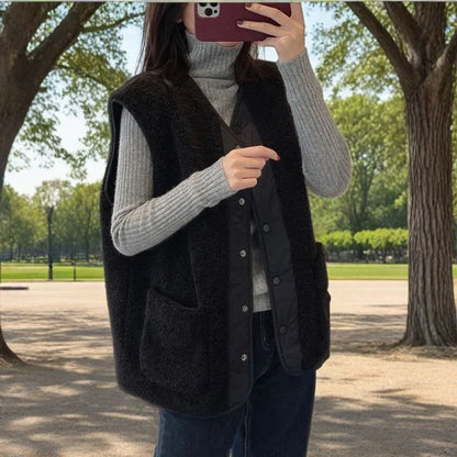 Smvp Fashion O-neck Waistcoat Solid Color Soft Baggy  single-breasted reversible Sleeveless warm plush Thicken Teddy Coat ladies