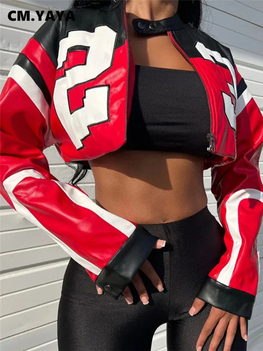 CM.YAYA Women Fashion Letter Printed Patchwork Zipper Fly Moto and Biker Style Faux Leather PU Jackets