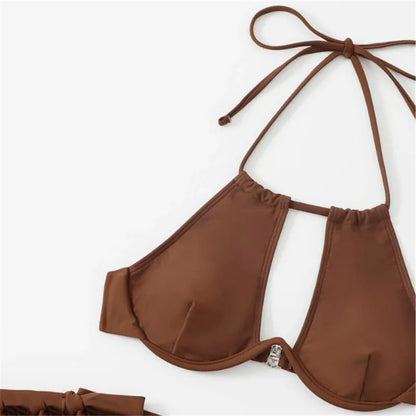 Brown High Waisted Bikini Set String Halter Swimwear Sexy Swimsuit Women Hollow Out Bathing Suit Push Up Bikinis 2026 Mujer