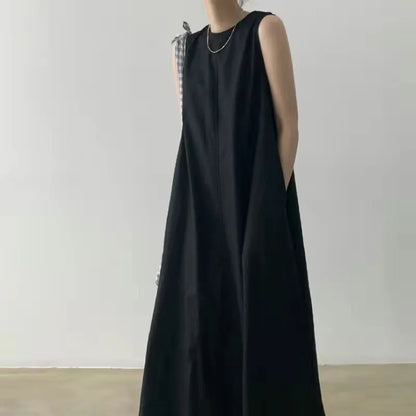 2022 Minimalist Chic Loose Swing Sleeveless Mid-length Casual Cotton Linen Long Dress  Round Neck High Waist Women Runway Dress