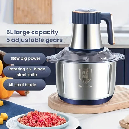 5L Stainless Steel Food Processor with 6-Blade System - Fast Meat Mincer & Vegetable Chopper, 5 Speeds（European Plug）