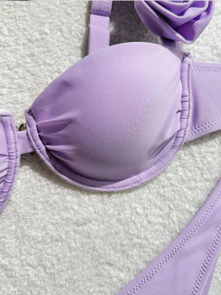 2025 New Sexy Bikini Set Women Swimsuit 3d Flower Strap Swimwear Push Up Thong Bathing Suit Underwire Biquini 2 Piece Beachwear