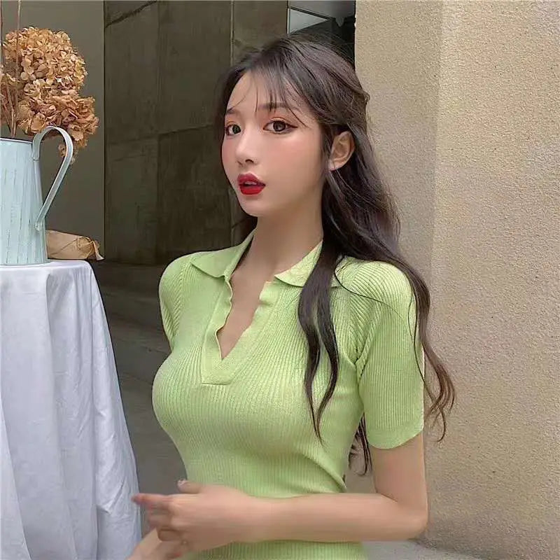 Short Sleeve Dress Women Slim Knitting Female Clothes Summer Streetwear Vacation Casual Soft Sweet Basic Ulzzang Vestidos