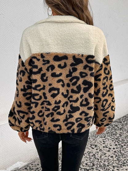 Women's Classic Leopard Print Patchwork Furry Zipper Jacket Trendy Outerwear for Cross-Border Foreign Trade