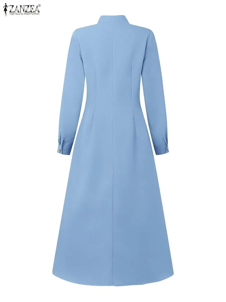 Women's Elegant A-Line Midi Dresses ZANZEA Casual Mock Neck Long Sleeve Button Up Long Dress 2025 Autumn Woman Clothing S-3XL