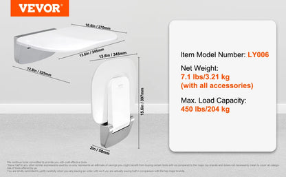SucceBuy Folding ABS Shower Seat 15.7'' x 16.7'' Unfolded Wall Mounted Fold Up Shower Bench 440 lbs Load Capacity Shower Chair