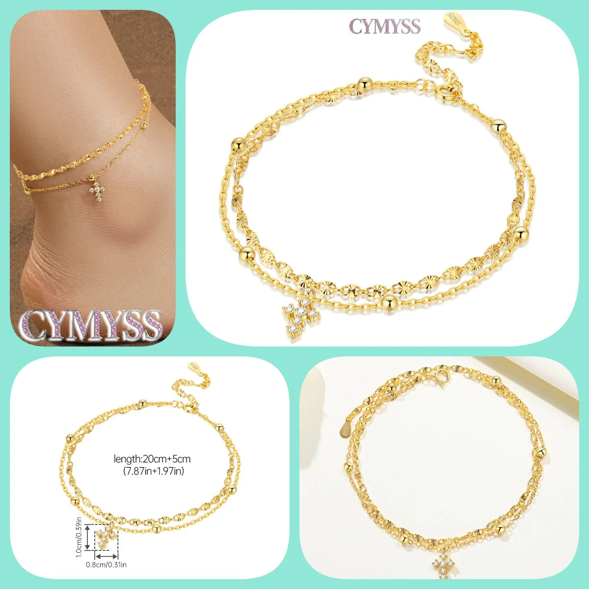 Original Anklets for Women 925 Sterling Silver Exquisite 2 Layer Zircon Chain Anklet Gold Color Ideal Summer Beach Jewelry Gift