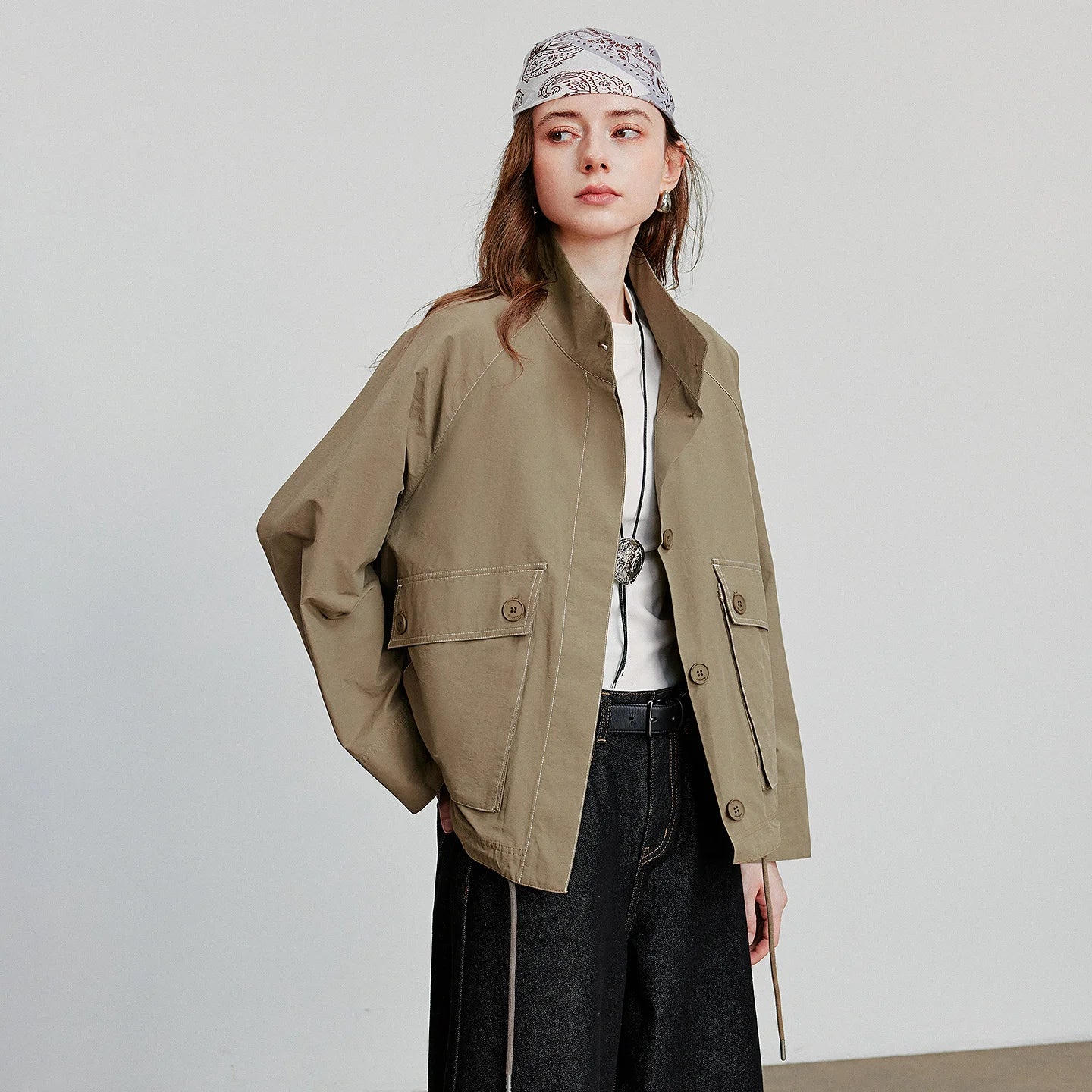 TOYOUTH Women Jacket Coat 2025 Autumn New Barn Style Workwear Large Pocket Stand up Collar Single Breaste Button Outwear Coat