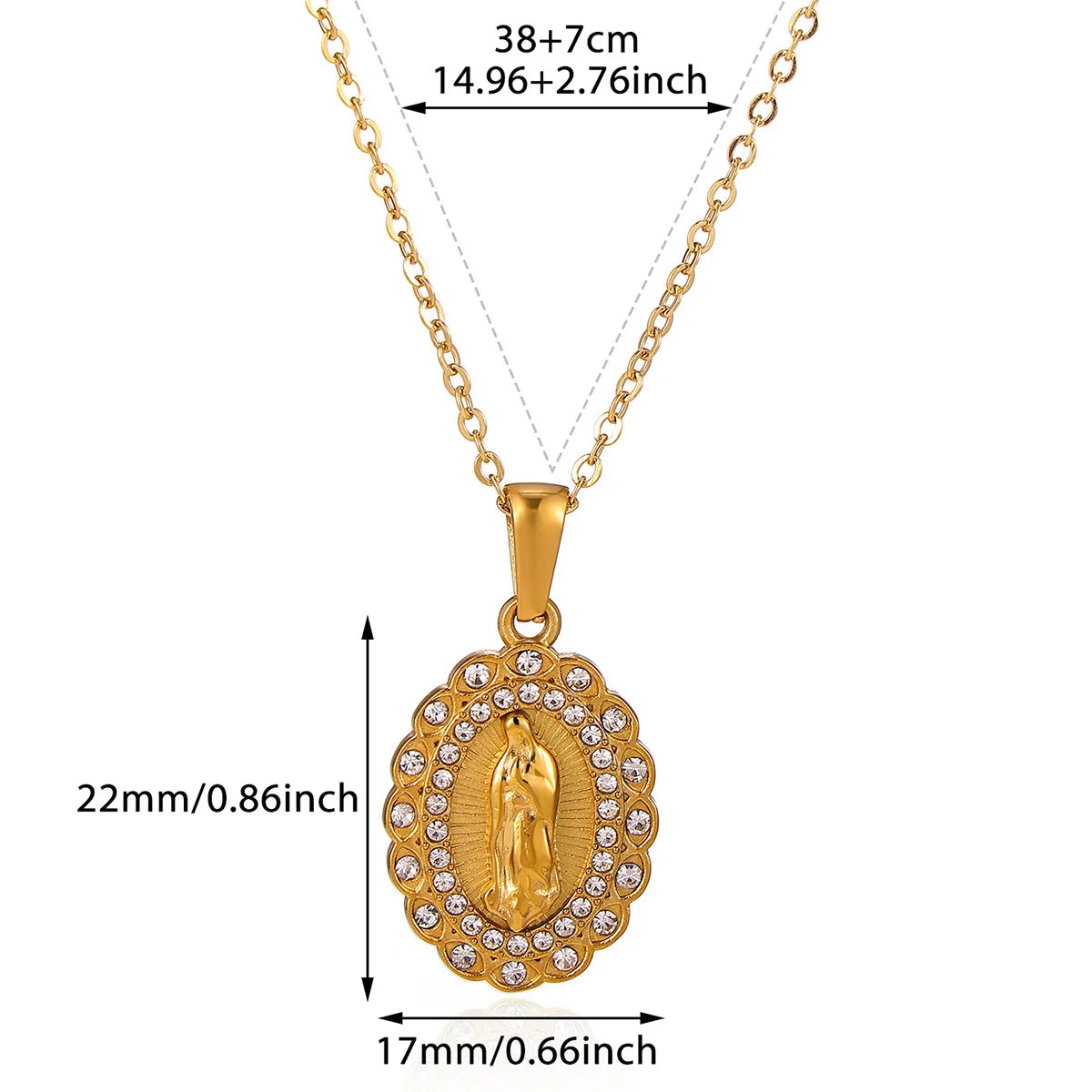Virgin Mary Pendant With Diamonds Necklace For Women Gold Color Medal Charm Stainless Steel Religious Punk Jewelry Easter Gift