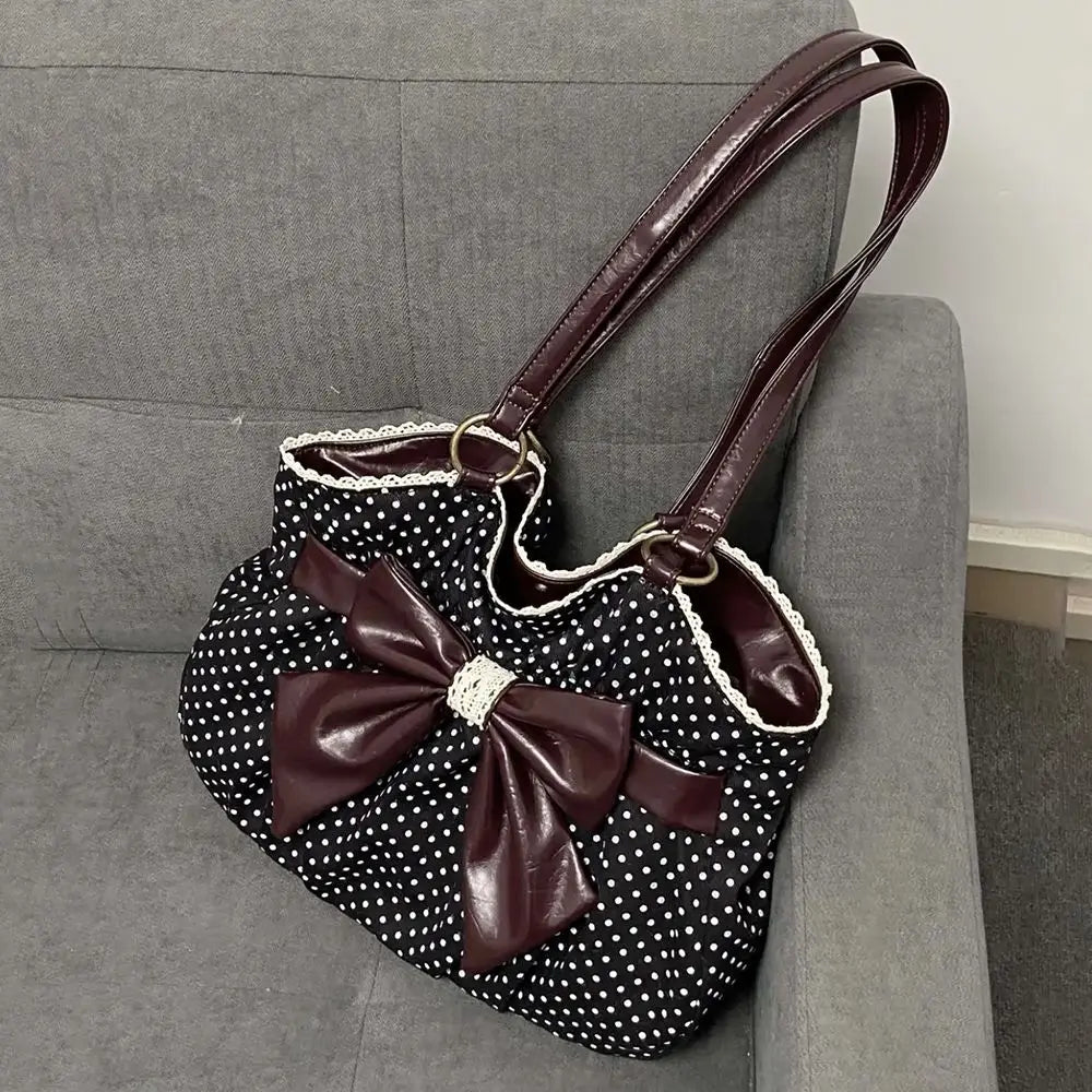 Trendy Vintage Women's Bow Handbag Y2k Casual Chic Lady Shoulder Bags All Match Aesthetic Dot Ins Underarm Bag Streetwear