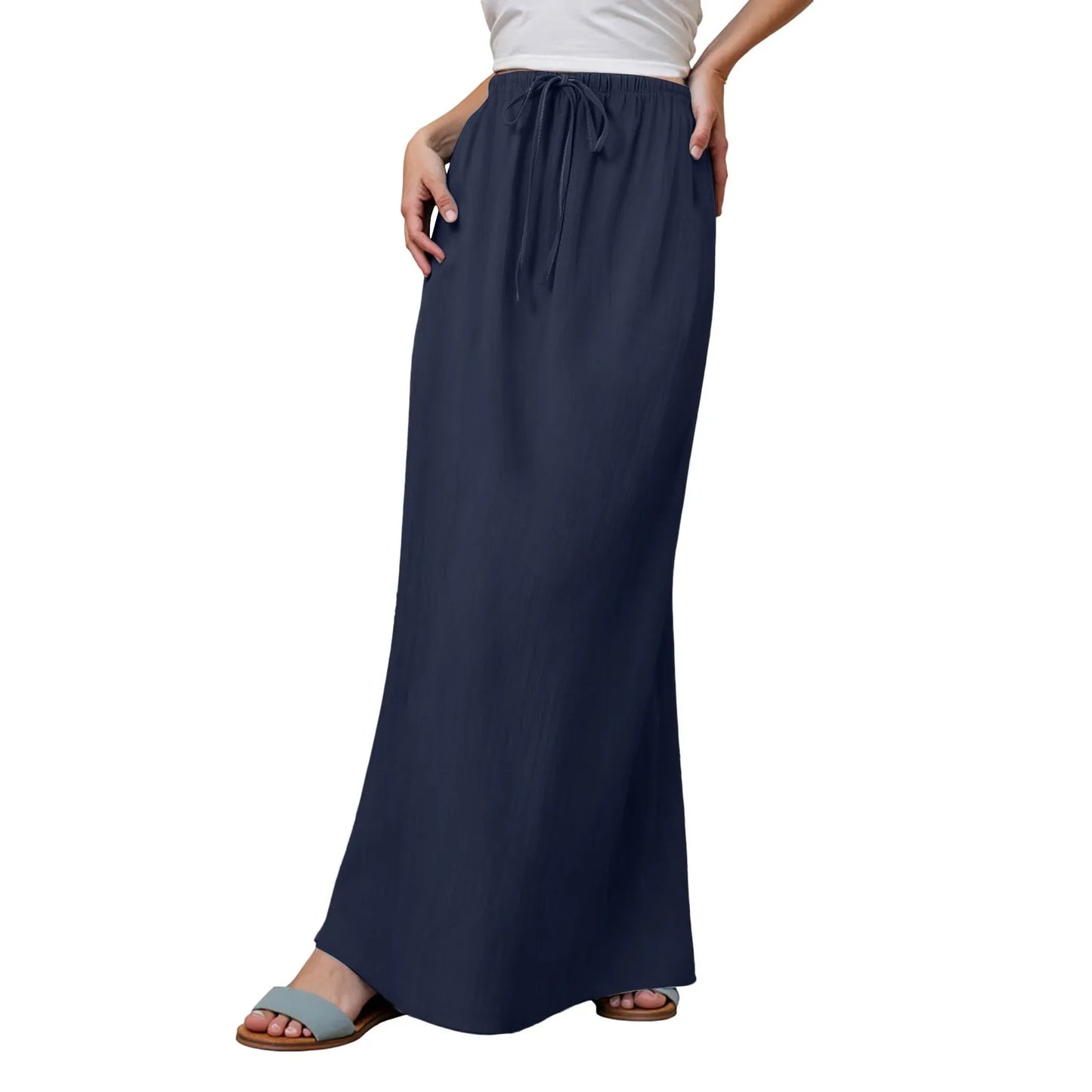 Women Summer Cotton Linen A Line Skirts Elastic Waist Drawstring Comfy Trendy Long Skirt Boho Beach Vacation Long Skirt