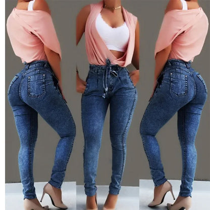 Women's Clothing Jeans Slim Stretch Tassel Belt High Waist Jeans Denim Pants Skinny Ankle Length Bleached