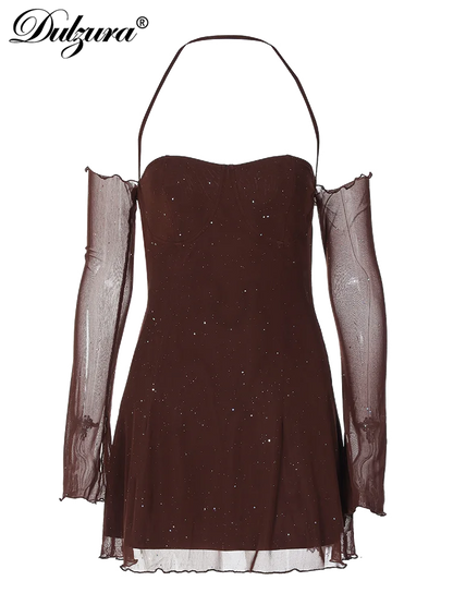 Dulzura Halter Backless Shinning Mini Dress Mesh Patchwork 2024 Spring Autumn Women'S Sexy Clubwear Birthday Evening Party