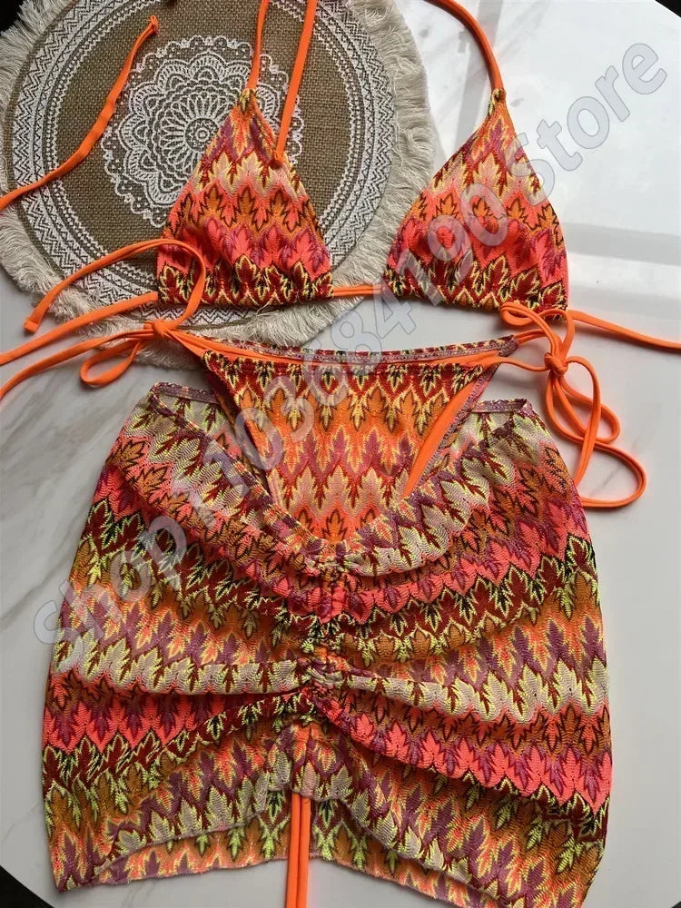 2025 Women Swimsuit Colored Maple Leaves Knitted Bikini Skirt Three-Piece Set Split Swimsuit Bikini