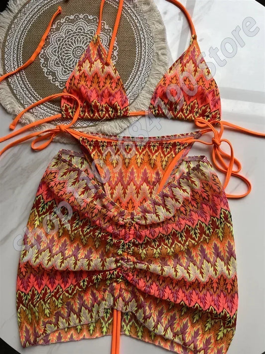 2025 Women Swimsuit Colored Maple Leaves Knitted Bikini Skirt Three-Piece Set Split Swimsuit Bikini